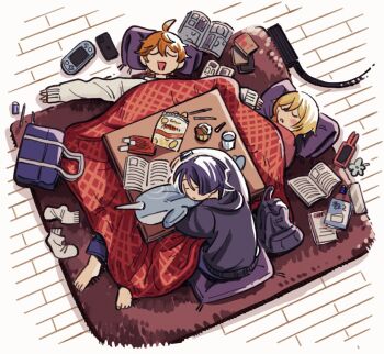 1girl 2boys alternate_costume bag barefoot black_hoodie blonde_hair book cellphone chips_(food) closed_eyes cup food genshin_impact handheld_game_console hood hood_down hoodie kotatsu lumine_(genshin_impact) lying multiple_boys on_back on_side open_mouth phone potato_chips purple_hair rug scaramouche_(genshin_impact) sitting sleeping sleeping_upright socks sweater table taka35_35 tartaglia_(genshin_impact) unworn_socks white_sweater