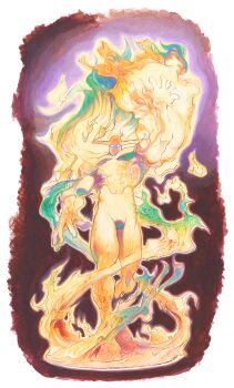 1boy abs absurdres arm_up bengus burning creature darkstalkers facing_viewer fire full_body game_cg glowing glowing_eyes highres looking_at_viewer male_focus muscular muscular_male non-web_source official_art outstretched_hand painting_(medium) pyron solo traditional_media watercolor_(medium)