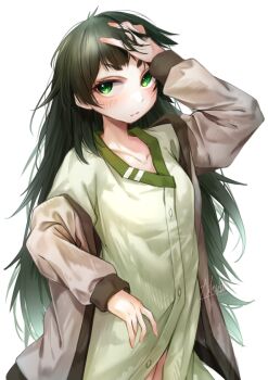 1girl blunt_bangs blush button_dress green_eyes green_hair hand_in_own_hair hiyajou_maho long_hair long_sleeves looking_at_viewer open_clothes science_adventure simple_background solo steins;gate steins;gate_0 very_long_hair white_background yakku