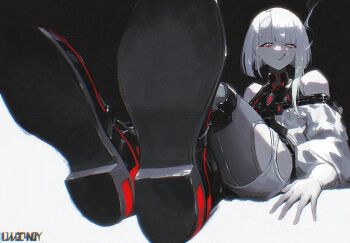 1girl artificial_eye bare_shoulders black_shoes blowing_smoke breasts cigarette close-up cyberpunk cyberpunk_(series) cyborg eyeliner footwear_focus jacket l1m3candy leotard looking_at_viewer lucy_(cyberpunk) makeup mechanical_eye medium_breasts monowire off-shoulder_jacket off_shoulder red_eyeliner red_lips shoes short_hair simple_background smoke smoke_trail smoking solo streetwear white_hair