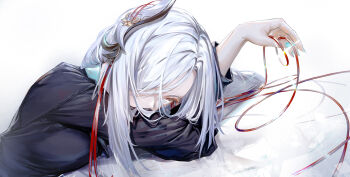 1girl absurdres arm_pillow black_shirt blue_nails breasts genshin_impact grey_eyes grey_hair hair_ornament hair_over_one_eye highres holding holding_string kato_(kato) large_breasts long_hair long_sleeves looking_at_viewer nail_polish shenhe_(genshin_impact) shirt simple_background solo string upper_body white_background