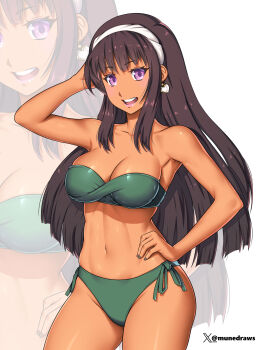 1girl absurdres artist_name bikini black_hair commission dark_skin earrings etchimune highres hunie_(series) huniepop jewelry kyanna_delrio long_hair non-web_source purple_eyes swimsuit