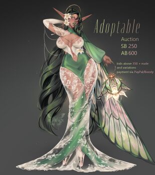 Rule 34 | 1girl, absurdres, arm behind head, asymmetrical sleeves, breasts, cleavage, commentary, dark-skinned female, dark elf, dark skin, dear miray, dress, elf, english commentary, fingernails, floral print, floral print dress, full body, gold, green dress, green hair, green lips, green nails, hair between eyes, highres, holding, holding lantern, lantern, large breasts, lips, long hair, long legs, long pointy ears, long sleeves, mismatched sleeves, nail polish, nose, original, pointy ears, print dress, see-through clothes, see-through dress, sharp fingernails, simple background, solo, two-tone dress, very long hair