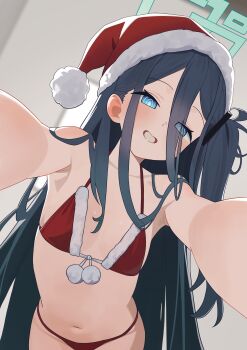 1girl absurdres aqua_halo aris_(blue_archive) bikini black_hair blue_archive blue_eyes eyes_visible_through_hair flat_chest from_below grin halo hat highres holypotato0 loli long_hair looking_at_viewer navel reaching reaching_towards_viewer rectangular_halo red_bikini red_hat santa_bikini santa_costume santa_hat smile solo swimsuit