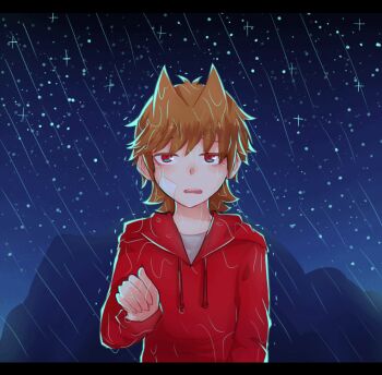 1boy animated animated_gif animification antenna_hair bandaid bandaid_on_face brown_hair commentary crossover drawstring eddsworld english_commentary flipped_hair hair_behind_ear hair_ears hand_up hood hood_down hoodie long_sleeves looking_at_viewer male_focus molechan open_mouth outdoors parody rain red_eyes red_hoodie shirt short_hair solo tord_(eddsworld) undertale utdr_(toby_fox) waterfall_(undertale) white_shirt