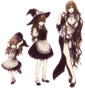 3girls age_comparison aged_down aged_up apron black_panties blonde_hair braid breasts cleavage crossed_legs evolution female_focus full_body hat kirisame_marisa large_breasts long_hair multiple_girls multiple_persona panties sacanahen simple_background standing touhou underwear very_long_hair waist_apron watson_cross white_background witch witch_hat