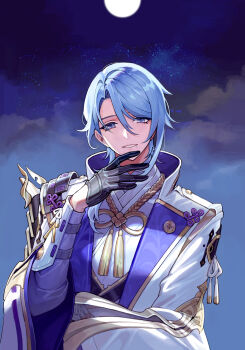 1boy absurdres arm_guards armor black_gloves blue_hair cloud commentary english_commentary full_moon genshin_impact gloves gold_trim hair_between_eyes hair_over_shoulder half_gloves hand_up highres jacket japanese_armor japanese_clothes kamisato_ayato kimono lapels long_sleeves looking_at_viewer male_focus medium_hair mole mole_under_mouth moon night open_clothes open_jacket parted_bangs parted_lips purple_eyes rope saber_beam shoulder_armor sidelocks sky smile sode solo star_(sky) starry_sky swept_bangs tassel teeth upper_body white_jacket wide_sleeves