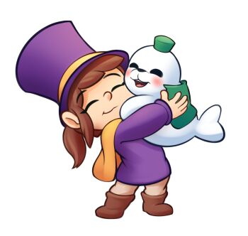 1girl a_hat_in_time animal blush boots brown_boots brown_hair brown_pants cape child closed_eyes closed_mouth commentary english_commentary full_body green_hat hat hat_kid hat_ribbon highres holding holding_animal jacket long_sleeves medium_hair open_mouth pants ponytail purple_hat purple_jacket ribbon sayman seal_(animal) sidelocks simple_background smile solo teeth top_hat upper_teeth_only white_background yellow_cape yellow_ribbon