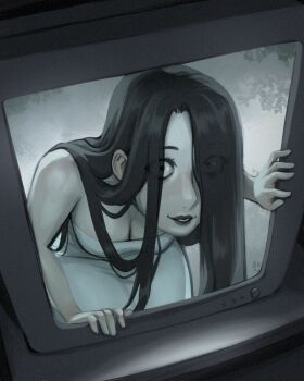 1girl bare_arms bare_shoulders black_eyes black_hair breasts cleavage closed_mouth crt dress ghost_girl hair_over_one_eye highres long_hair looking_at_viewer smile solo telepurte television the_ring through_medium through_screen very_long_hair white_dress yamamura_sadako