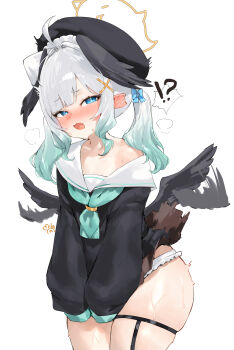 Rule 34 | !?, 1girl, absurdres, afterimage, ahoge, aqua hair, aqua neckerchief, artist name, beret, black hat, black shirt, black wings, blue archive, blue bow, blue eyes, blush, bow, commentary, cosplay, cowboy shot, densetsu.exe, embarrassed, fang, feathered wings, flapping, flapping ears, frilled panties, frills, gradient hair, grey hair, hair bow, hair ornament, halo, hat, head wings, highres, koharu (blue archive), koharu (blue archive) (cosplay), legs together, legwear garter, long hair, long sleeves, looking at viewer, low twintails, low wings, mila (milaart12), mint fantome, multicolored hair, neckerchief, no pants, off shoulder, open mouth, panties, puffy long sleeves, puffy sleeves, sailor collar, shirt, shirt tug, simple background, skindentation, solo, standing, sweat, twintails, two-tone hair, underwear, virtual youtuber, white background, white panties, white sailor collar, wings, wisps (mint fantome), x hair ornament, yellow halo