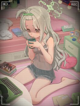 1girl bangs_pinned_back barefoot battery_indicator blue_archive commentary_request cup green_halo grey_hair halo holding holding_cup indoors long_hair miyo_(blue_archive) open_mouth paid_reward_available recording shaded_face sitting solo special_cat variant_set viewfinder wariza yellow_eyes