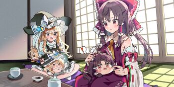 Rule 34 | !, 2girls, ascot, black hat, black vest, blonde hair, blush, bow, braid, brown eyes, brown hair, cup, cushion, detached sleeves, frilled bow, frilled hair tubes, frills, game cg, gohei, hair bow, hair tubes, hakurei reimu, hat, hat bow, hat ornament, highres, indoors, kirisame marisa, long hair, multiple girls, official art, open mouth, red bow, red skirt, ribbon-trimmed sleeves, ribbon trim, shouji, side braid, single braid, sitting, skirt, skirt set, sliding doors, smile, spoken exclamation mark, star (symbol), star hat ornament, tamagogayu1998, tatami, third-party source, touhou, touhou lostword, very long hair, vest, white bow, witch hat, yellow ascot, yellow eyes, yukkuri shiteitte ne, yunomi, zabuton