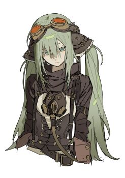 1girl arms_at_sides black_bodysuit bodysuit chinese_commentary closed_mouth commentary_request costume_request gas_mask goggles goggles_on_head green_eyes green_hair hatsune_miku highres long_hair mask orange-tinted_eyewear simple_background solo tinted_eyewear twintails vocaloid white_background zhibuji_loom