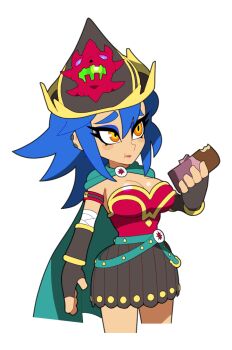 Rule 34 | 1girl, armband, armor, armored boots, bandaged arm, bandages, belt, blue eyeshadow, blue hair, boots, breasts, brown skirt, cape, chocolate, commentary, commission, cornflowerblue, dang (runescape), duellist's cap (tier 6), earrings, english commentary, eyeshadow, fingerless gloves, food, food in mouth, full body, furrowed brow, gladiator, gloves, glowing hat, gold trim, greaves, green belt, green cape, hat, holding, holding food, holding ice cream, ice cream, ice cream bar, jewelry, leotard, light blush, long hair, luluco eating toast (meme), makeup, medium breasts, meme, old school runescape, orange eyes, original, poleyn, red armband, red leotard, runescape, second-party source, shiny lips, skirt, solo, spiked hair, standing, sun symbol, thick eyebrows, transparent background, uchuu patrol luluco, worried, yellow eyes