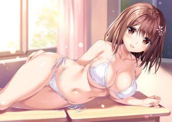 1girl :d amanashi_nui bare_shoulders bikini blush boku_no_kanojo_sensei breasts brown_eyes brown_hair cameltoe cleavage collarbone commentary_request flower groin hair_flower hair_ornament halterneck indoors large_breasts looking_at_viewer lying medium_hair navel novel_illustration official_art on_side open_mouth oryo_(oryo04) side-tie_bikini_bottom smile solo stomach string_bikini swimsuit textless_version thighs underboob white_bikini
