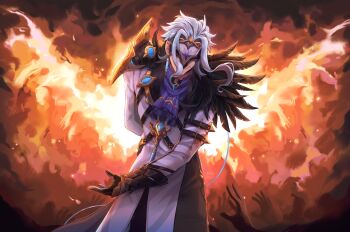 1boy arm_behind_back armlet armor ascot belt black_belt black_choker black_gloves black_mask black_pants blue_hair choker closed_mouth coat commentary covered_eyes cowboy_shot dottore_(genshin_impact) earrings english_commentary explosion eye_mask fatui_coat fire fur-trimmed_coat fur_trim genshin_impact gloves highres jewelry long_sleeves male_focus mask o-ring o-ring_choker pants purple_ascot purple_shirt rorokonaa shirt short_hair shoulder_armor sidelocks single_earring smile solo standing wavy_hair white_coat