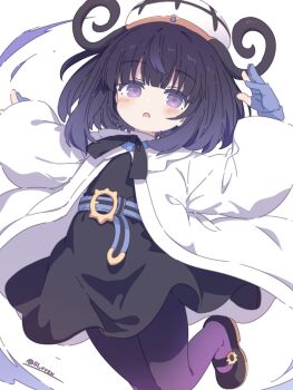 1girl :o belt belt_buckle black_dress black_hair blush bob_cut buckle coat dress gloves gwynn_(pokemon) hat highres lil_(lil_xyzw) long_sleeves looking_at_viewer nintendo o-ring o-ring_belt open_clothes open_coat pantyhose partially_fingerless_gloves pokemon pokemon_legends:_z-a purple_eyes purple_pantyhose short_hair solo white_background white_coat