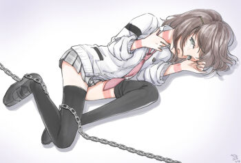 Rule 34 | chain, chiru, green eyes, necktie, on floor, rope marks, saki, saki (manga), saki achiga-hen, school uniform, shindouji school uniform, tsuruta himeko