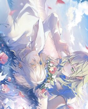 1boy 1girl alternate_hair_color black_shirt blonde_hair blue_eyes blue_sky breasts cleavage_cutout closed_mouth clothing_cutout cloud dimitri_alexandre_blaiddyd dimitri_alexandre_blaiddyd_(timeskip) eyepatch female_byleth_(awakened)_(fire_emblem) female_byleth_(fire_emblem) fire_emblem fire_emblem:_three_houses flower grass green_eyes green_hair hair_between_eyes head_wreath highres large_breasts long_hair looking_at_another lying nintendo on_back one_eye_covered outdoors shirt sky smile white_shirt zat_296