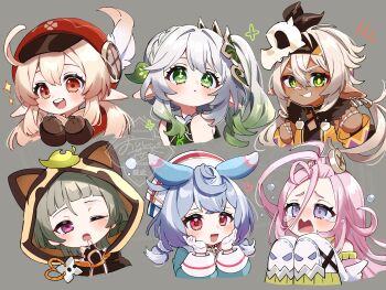 6+girls absurdres ahoge aino_(genshin_impact) animal_ears bare_shoulders black_headband blonde_hair blue_hair blush brown_gloves commentary_request cropped_torso dark-skinned_female dark_skin genshin_impact gloves gradient_hair green_hair grey_background grin hair_between_eyes hair_ornament hand_up hands_up hat headband highres iansan_(genshin_impact) klee_(genshin_impact) leaf leaf_hair_ornament leaf_on_head long_hair long_sleeves melusine_(genshin_impact) multicolored_hair multiple_girls nahida_(genshin_impact) newsboy_cap oishii_sasa one_eye_closed open_mouth pink_hair pointy_ears pom_pom_(clothes) pom_pom_hair_ornament purple_eyes red_eyes red_hat sayu_(genshin_impact) side_ponytail sigewinne_(genshin_impact) sleeveless sleeves_past_fingers sleeves_past_wrists smile tearing_up teeth upper_teeth_only watermark white_hair