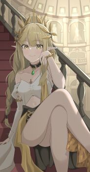 1girl absurdres ambience_synesthesia arknights bare_shoulders black_collar blonde_hair breasts collar collarbone commentary crossed_legs elf feet_out_of_frame hair_ornament handrail head_rest highres indoors long_hair looking_at_viewer muelsyse_(arknights) navel nekohitsuj96199 official_alternate_costume pointy_ears railing sitting sitting_on_stairs small_breasts solo stairs star_(symbol) statue yellow_eyes