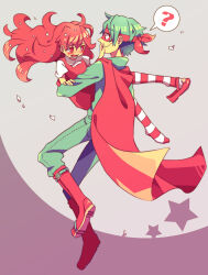 Rule 34 | 1boy, 1girl, ?, bodysuit, boots, cape, dress, embarrassed, eye mask, flaky (happy tree friends), full body, green bodysuit, green hair, happy tree friends, hetero, long hair, personification, red cape, red dress, red eyes, red footwear, red hair, shirt, smile, socks, splendid (happy tree friends), spoken question mark, star (symbol), striped clothes, striped socks, superhero costume, syndicate, white shirt