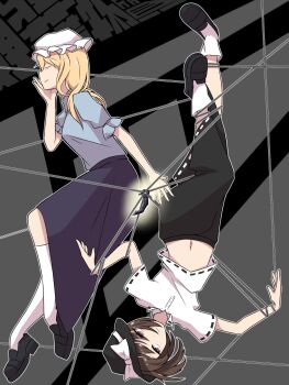 Rule 34 | 2girls, black hat, black shoes, black skirt, blonde hair, blue shirt, bow, brown eyes, brown hair, buttons, closed eyes, collared shirt, colored eyelashes, commentary request, eyes visible through hair, fedora, frown, full body, grey background, hanging, hat, hat bow, highres, iwoillust, kneehighs, loafers, long hair, maribel hearn, mob cap, multiple girls, navel, neo-traditionalism of japan, puffy sleeves, purple skirt, ribbon-trimmed shirt, ribbon-trimmed skirt, ribbon trim, shirt, shirt tucked in, shoes, short sleeves, skirt, smile, socks, touhou, upside-down, usami renko, white hat, white shirt, white socks