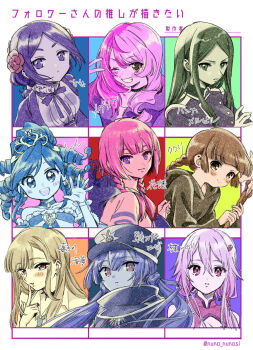 Rule 34 | #compass, 6+girls, :o, bare shoulders, black choker, black hoodie, black shirt, black sleeves, blonde hair, blue choker, blue eyes, blue hair, blue necktie, blue sailor collar, blue sleeves, blunt bangs, braid, breasts, brooch, brown eyes, brown hair, buttons, cape, cardigan, choker, cleavage, cleavage cutout, closed mouth, clothing cutout, collarbone, collared cape, collared shirt, commentary request, detached sleeves, dress, drill hair, expressionless, eyelashes, finger to mouth, flower, frilled shirt collar, frilled sleeves, frills, fushigiboshi no futago hime, green hair, grin, guilty crown, hair between eyes, hair bun, hair flower, hair ornament, hair over shoulder, hairclip, hand up, hannah melville, hat, heart, heart brooch, high-waist skirt, high collar, highres, holding, holding staff, hood, hood down, hooded jacket, hoodie, jacket, jewelry, kaf (kamitsubaki studio), kamitsubaki studio, kitagawa marin, kukuri (mahoujin guruguru), light blush, long hair, long sleeves, low twintails, magical girl, mahoujin guruguru, medium breasts, megumegu, multiple drawing challenge, multiple girls, neck ribbon, necktie, no+bi=, one eye closed, open clothes, open jacket, open mouth, parted lips, peaked cap, pink eyes, pink flower, pink hair, pink shirt, princess principal, purple cape, purple cardigan, purple eyes, purple hair, purple hat, purple jacket, purple ribbon, purple skirt, purple sleeves, red pupils, rein (futagohime), rein (universal princess) (futagohime), ribbon, sailor collar, sailor shirt, school uniform, shirt, short hair, short sleeves, sidelocks, single hair bun, skirt, sky striker ace - roze, small breasts, smile, sono bisque doll wa koi wo suru, staff, straight hair, strapless, strapless dress, teeth, tiara, toudou chise, twin braids, twintails, upper body, upper teeth only, v, virtual youtuber, waving, wavy hair, white dress, white flower, white shirt, white sleeves, white tiara, wrist flower, yu-gi-oh!, yuzuriha inori, zoids wild zero