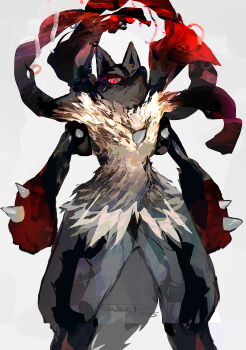 absurdres black_fur commentary_request from_below furry gen_4_pokemon highres impasto legs_apart looking_at_viewer lucario mega_evolution mega_lucario mega_pokemon nintendo no_humans pokemon pokemon_(creature) pokemon_focus red_eyes simple_background slit_pupils solo spikes sukepmonster two-tone_fur white_background white_fur