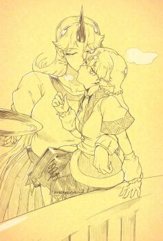 2girls arm_warmers blush breath chain commentary cuffs cup highres holding holding_cup horns hoshiguma_yuugi hug kiss long_hair menotama mizuhashi_parsee multiple_girls oni pointy_ears sakazuki shackles shirt single_horn skirt touhou traditional_media very_long_hair yellow_theme yuri