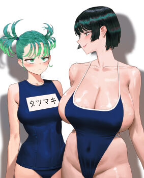 Rule 34 | 2girls, absurdres, alternate costume, bare shoulders, blue one-piece swimsuit, blunt bangs, blush, breast envy, breasts, cleavage, closed mouth, collarbone, commentary, covered navel, fubuki (one-punch man), green eyes, green hair, highleg, highleg one-piece swimsuit, highres, large breasts, looking at another, meme, mom and her daughter (meme), multiple girls, one-piece swimsuit, one-punch man, petite, shadow, shiny skin, short hair, short twintails, siblings, sidelocks, sisters, small breasts, smile, spaghetti strap, standing, swimsuit, untranslatable commentary, tatsumaki, translation request, turning head, twintails, white background, wonbin lee