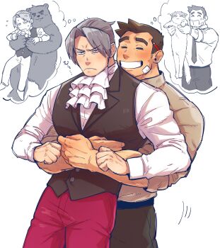2boys absurdres ace_attorney animalization annoyed ascot bear belt black_belt brown_hair buttons cat clenched_hands closed_mouth collared_shirt curtained_hair dick_gumshoe frown grey_hair grey_pants grey_vest grin highres hug hug_from_behind image_in_thought_bubble lapels long_sleeves male_focus miles_edgeworth motion_lines multiple_boys necktie notched_lapels pants pencil_behind_ear person_and_animalization red_pants shirt short_hair smile vest white_background white_shirt yowasabimechaoc