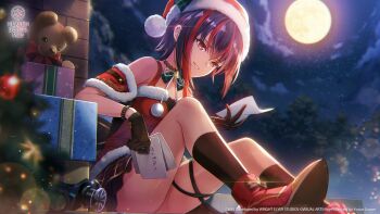 Rule 34 | 1girl, bare shoulders, black gloves, black hair, black ribbon, black socks, blurry, blurry background, boots, bow, bowtie, box, brown skirt, christmas, christmas tree, cloud, copyright name, copyright notice, depth of field, dual wielding, ear piercing, foot out of frame, footwear bow, from side, full moon, fur-trimmed headwear, fur-trimmed shirt, fur trim, gift, gift box, glint, gloves, green bow, green bowtie, hair between eyes, hat, heaven burns red, highres, holding, holding paper, kneehighs, knees up, leg ribbon, lens flare, looking at object, looking down, medium hair, mikoto fubuki, mikoto fubuki (frozen moon melting heart), miniskirt, moon, multicolored hair, night, official alternate costume, official art, official wallpaper, outdoors, paper, parted lips, piercing, plaid bow, plaid bowtie, plaid clothes, plaid skirt, pleated skirt, pom pom (clothes), red boots, red bow, red eyes, red hair, red hat, red shirt, ribbon, santa costume, santa hat, shirt, sidelighting, sidelocks, sitting, skirt, sky, smile, socks, solo, streaked hair, stuffed animal, stuffed toy, teddy bear, thighs, two-tone hair, wolf cut