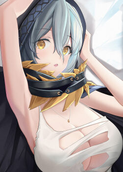 1girl :o absurdres black_cape breasts cape cleavage code_vein commentary dress grey_hair hair_between_eyes highres hood hood_up hooded_cape io_(code_vein) jewelry large_breasts looking_at_viewer necklace short_hair sleeveless sleeveless_dress solo torn_clothes torn_dress white_dress yellow_eyes yula-w