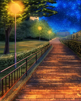 absurdres blue_sky building hedge highres lamppost night no_humans original outdoors park path pizza_(pddc8233) road scenery sky star_(sky) starry_sky tree variant_set