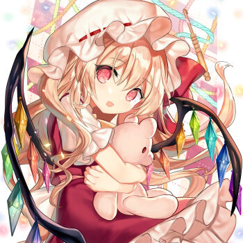 1girl ascot blonde_hair commentary_request crystal crystal_wings flandre_scarlet frilled_skirt frills fuepo hat highres hugging_doll hugging_object looking_at_viewer mob_cap multicolored_wings one_side_up open_mouth puffy_short_sleeves puffy_sleeves red_eyes red_skirt red_vest shirt short_sleeves skirt skirt_set smile solo stuffed_animal stuffed_toy teddy_bear touhou vest white_hat white_shirt wings yellow_ascot