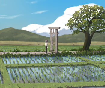 1other absurdres ambiguous_gender avogado6 beckoning black_pants blue_sky brown_hair cloud day disembodied_hand facing_away full_body grass highres landscape mountain mountainous_horizon original outdoors pants path portal_(object) reaching rice_paddy road scenery shirt short_hair short_sleeves sky solo_focus standing torii tree white_shirt