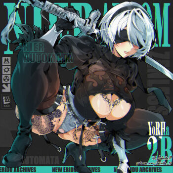 1girl 2b_(nier:automata) absurdres belt black_belt black_boots black_gloves blindfold boots breasts character_name chest_tattoo cleavage cleavage_cutout clothing_cutout copyright_name defaultz female_pubic_hair gloves high_heel_boots high_heels highres holding holding_sword holding_weapon katana large_breasts leg_tattoo mole mole_under_mouth nier:automata nier_(series) parted_lips pubic_hair pubic_hair_peek short_hair solo sword tattoo thigh_belt thigh_strap twitter_username weapon white_hair white_pubic_hair