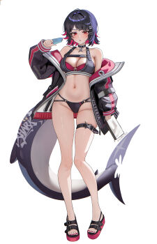 1girl absurdres alternate_costume belt bikini black_bikini black_hair black_jacket breasts bubble99 cleavage commentary_request ellen_joe fins fish_tail food full_body highres holding holding_food holding_popsicle jacket korean_commentary large_breasts nail_polish navel popsicle red_eyes red_hair sandals shark_girl shark_tail short_hair simple_background solo stomach swimsuit tail thigh_belt thigh_strap toenail_polish toenails toes white_background zenless_zone_zero