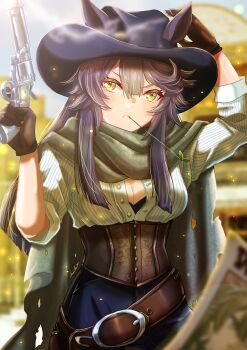 1girl alternate_costume animal_ears bandaid bandaid_on_face bandaid_on_nose belt black_hair black_hat blush breasts brown_belt brown_corset brown_gloves cleavage commentary_request corset cowboy_western ears_through_headwear frown gloves gun hair_between_eyes handgun hat highres holding holding_gun holding_weapon horse_ears horse_girl long_hair medium_breasts mouth_hold narita_brian_(umamusume) otono_(bkt4b) revolver shirt sidelocks sleeves_rolled_up solo stalk_in_mouth trigger_discipline umamusume very_long_hair weapon yellow_eyes