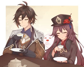 1boy 1girl bead_bracelet beads black_gloves black_headwear black_nails boo_tao_(genshin_impact) bracelet brown_hair chinese_clothes cup earrings english_text flower formal_clothes genshin_impact ghost gloves hair_between_eyes hat hat_flower highres holding holding_cup hu_tao_(genshin_impact) jacket jewelry kyl490 long_hair long_sleeves multiple_rings plum_blossoms porkpie_hat ring shirt single_earring smile suit tassel tassel_earrings tea teacup teapot twintails zhongli_(genshin_impact)
