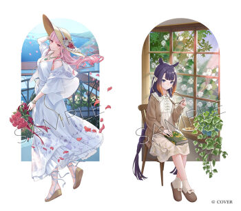 2girls blunt_bangs book book_on_lap bracelet breasts brown_cardigan brown_slippers cardigan center-flap_bangs chair commentary_request company_name copyright_notice dress falling_petals flat_chest floral_print floral_print_dress flower food footwear_ribbon from_side full_body glasses gradient_hair hand_on_headwear hat hat_flower holding holding_flower holding_removed_eyewear hololive hololive_english jacket jewelry long_dress long_hair long_sleeves looking_at_viewer medium_dress mole mole_under_eye mori_calliope multicolored_hair multiple_girls ne-on necklace ninomae_ina'nis official_art on_chair open_cardigan open_clothes open_jacket orange_hair petals pink_eyes pink_hair plant plate pointy_ears print_dress purple_eyes purple_hair red_flower red_rose rose sample_watermark sandals sitting sleeveless sleeveless_dress slippers socks standing sun_hat tentacle_hair unworn_eyewear very_long_hair virtual_youtuber watermark white_background white_dress white_flower white_jacket wooden_chair