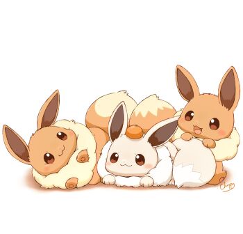 :3 alternate_color animal_focus blush brown_eyes brown_fur closed_mouth commentary_request eevee fluffy food fruit gen_1_pokemon highres mandarin_orange mimix nintendo no_humans open_mouth pokemon pokemon_(creature) pokemon_focus shiny_pokemon simple_background smile tail white_background white_fur
