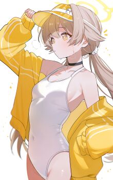 1girl absurdres adjusting_clothes adjusting_headwear arm_up black_choker blonde_hair blue_archive breasts choker commentary covered_navel hair_between_eyes hair_ornament halo hifumi_(blue_archive) highres jacket jacket_partially_removed long_hair low_twintails mouth_hold one-piece_swimsuit shusuchii simple_background sleeves_past_wrists small_breasts solo swimsuit symbol-only_commentary twintails visor_cap white_background white_one-piece_swimsuit wing_hair_ornament yellow_eyes yellow_jacket