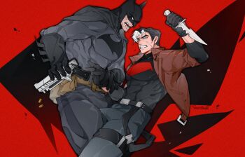 2boys bat_signal batman batman_(series) batman_symbol belt black_bodysuit black_cape black_gloves black_hair blossviaryl blue_eyes bodysuit brown_jacket bruce_wayne cape cowl dc_comics gloves grey_bodysuit highres holding jacket jason_todd male_focus mask multicolored_bodysuit multicolored_hair multiple_boys muscular muscular_male open_clothes pants pectorals red_hood_(dc) short_hair superhero_costume taut_bodysuit two-tone_bodysuit two-tone_hair utility_belt