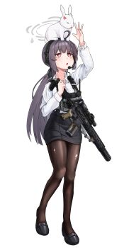 1girl absurdres alternate_costume ammunition_pouch anger_vein animal animal_on_head arm_up assault_rifle black_hair black_pantyhose black_ribbon black_shoes black_skirt black_vest blue_archive blush brn-180 bulletproof_vest chest_rig choker clenched_hand closed_mouth clov3r collared_shirt full_body gun hair_intakes hair_ribbon halo headset high_heels highres holding holding_gun holding_weapon long_hair long_sleeves magazine_(weapon) miyu_(blue_archive) multicolored_ribbon on_head pantyhose pencil_skirt ponytail pouch rabbit reaching reaching_towards_another red_eyes ribbon rifle scope shirt shoes skirt sleeves_past_wrists solo sweat torn_clothes torn_pantyhose vest weapon weapon_request white_ribbon white_shirt