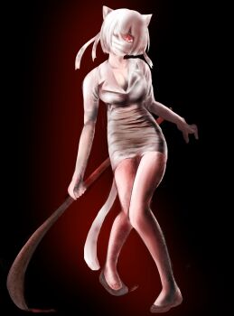 Rule 34 | absurdres, animal ears, breasts, cat ears, cat tail, chiakigoro, cleavage, dress, gloves, green eyes, hair over eyes, highres, low-cut, mask, miniskirt, mouth mask, multiple tails, nurse, nurse (silent hill), silent hill, silent hill (series), skirt, tail, thighhighs, tight clothes, tight dress, white thighhighs