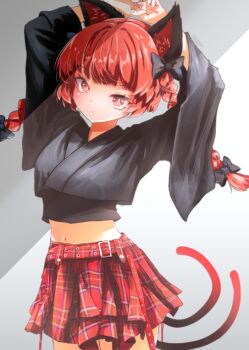 Rule 34 | 1girl, alternate costume, animal ears, arms up, black bow, black kimono, blush, bow, braid, cat ears, cat girl, cat tail, closed mouth, grey background, hair bow, hair intakes, japanese clothes, kaenbyou rin, kimono, long hair, long sleeves, looking at viewer, midriff, multiple tails, nanahana nanana, navel, red eyes, red hair, red skirt, side braids, skirt, slit pupils, solo, tail, touhou, twin braids, two tails, wide sleeves