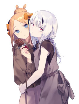 Rule 34 | 2girls, abigail williams (fate), abigail williams (traveling outfit) (fate), absurdres, alternate costume, black bow, black shirt, blonde hair, blue eyes, blush, bow, breasts, candy, chocolate, chocolate bar, commentary request, daisi gi, fate/grand order, fate (series), food, forehead, grey overalls, grey skirt, hair bow, hair bun, highres, hooded shirt, horns, hug, lavinia whateley (fate), long hair, long sleeves, multiple girls, orange bow, overalls, parted bangs, purple eyes, shirt, short sleeves, single horn, skirt, small breasts, white background, white hair, wide-eyed