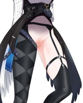 1girl argyle_clothes asymmetrical_legwear belt black_garter_belt black_gloves black_pantyhose black_thighhighs breasts cleft_of_venus clothes_lift clothing_cutout garter_belt gloves groin head_out_of_frame holoadvent hololive hololive_english large_breasts lifting_own_clothes long_sleeves lower_body mismatched_legwear mole navel nerissa_ravencroft no_panties pantyhose pussy rayos ribbed_shirt shirt simple_background single_leg_pantyhose single_thighhigh skirt skirt_lift solo striped_clothes striped_shirt thigh_strap thighhighs thighs virtual_youtuber white_background